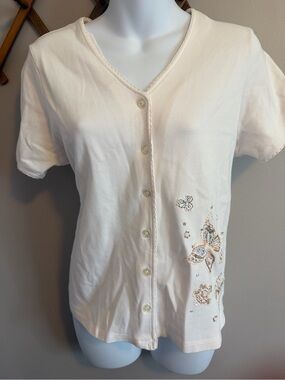 Y2K JANA Cream Embroidered Beaded Butterfly Knit Cardigan Top Size L
